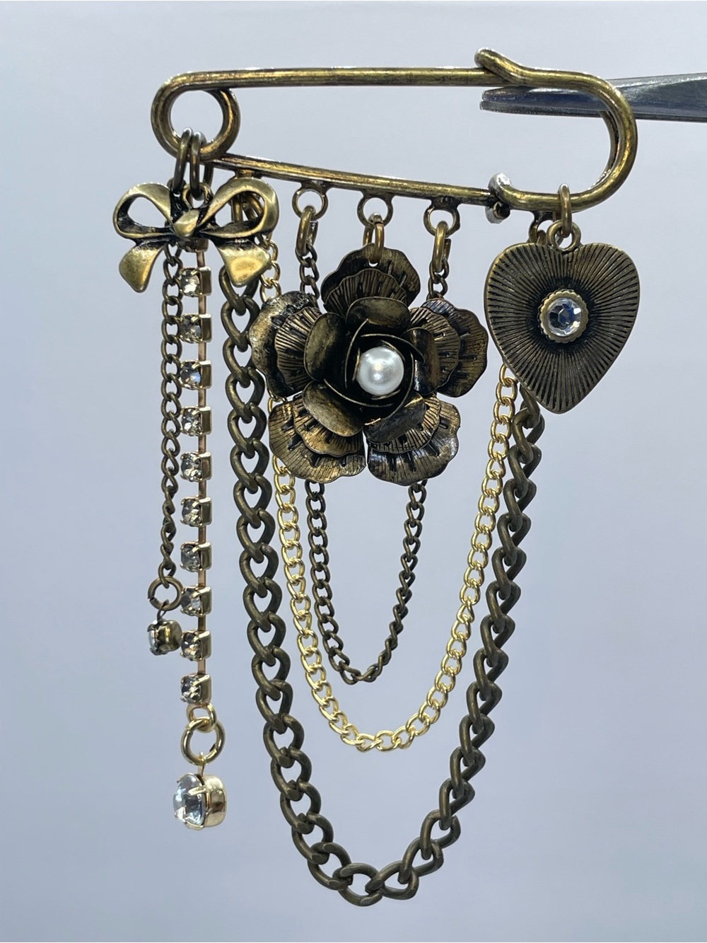 Antique Gold Tone Safety Pin Charm Brooch Pearl Rhinestone Floral Boho Retro
